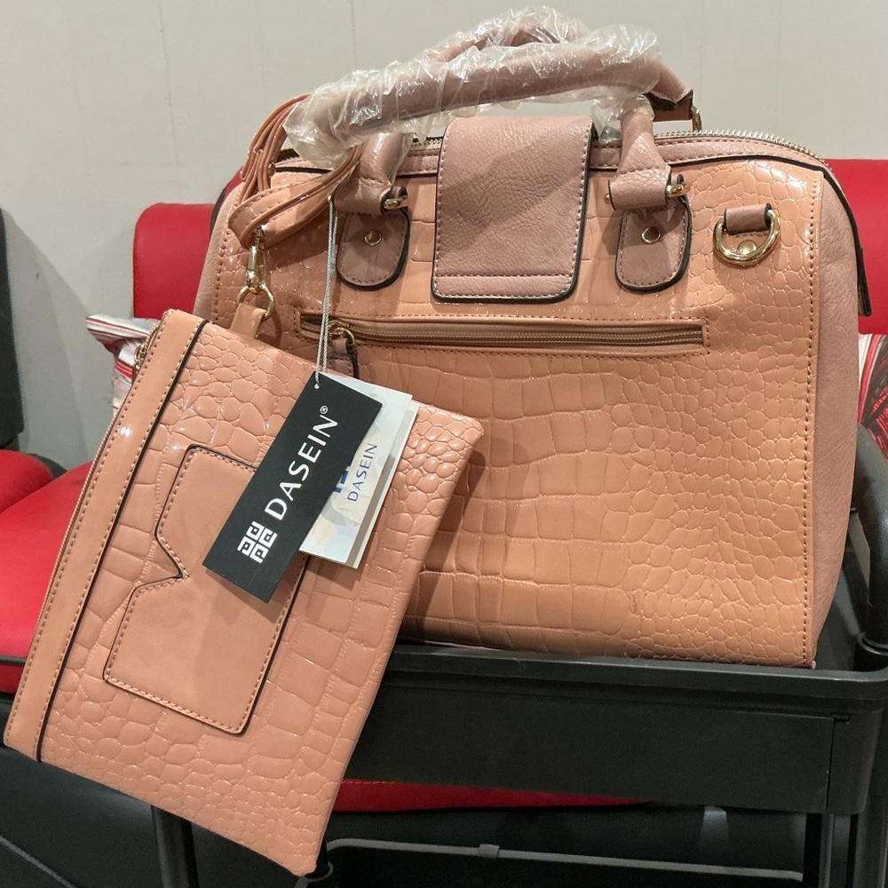 Dasein Croc Embossed Handbag and Wallet Set in Pink
